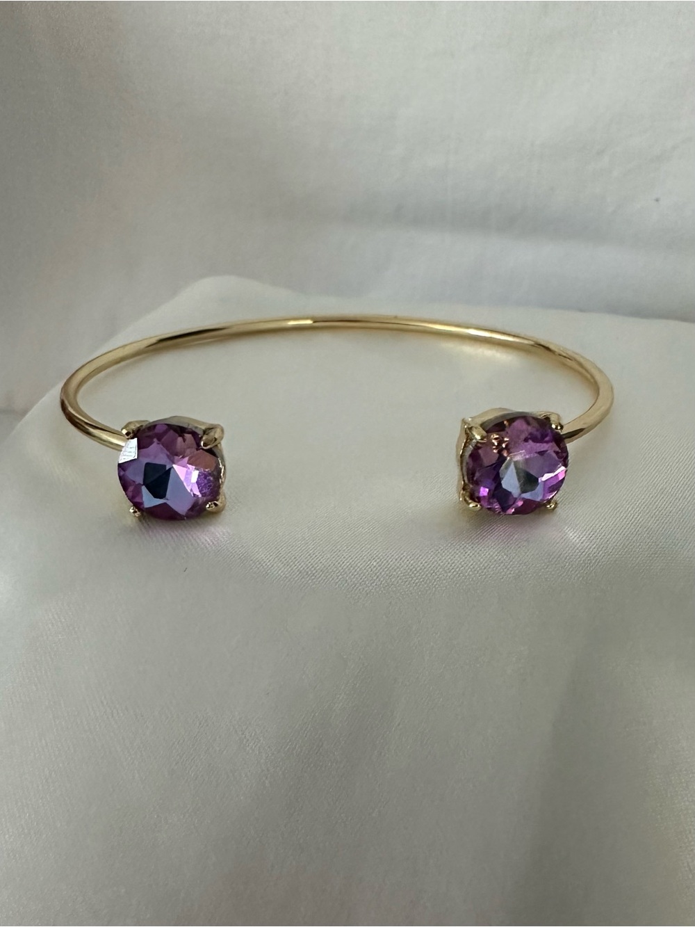 Gold Open Cuff Bracelet with Purple Crystal Ends